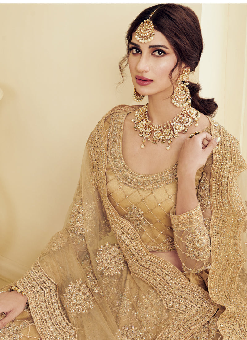 Vegaa Fashion Beige Net Embroidered Wedding Lehenga - Swadesiicart