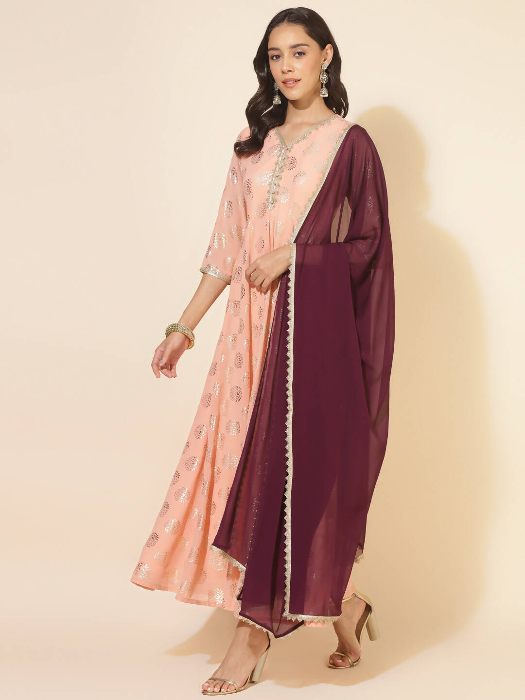 Janasya Women's Peach Georgette Foil Printed Festive Anarkali Kurta Set | Swadesiicart