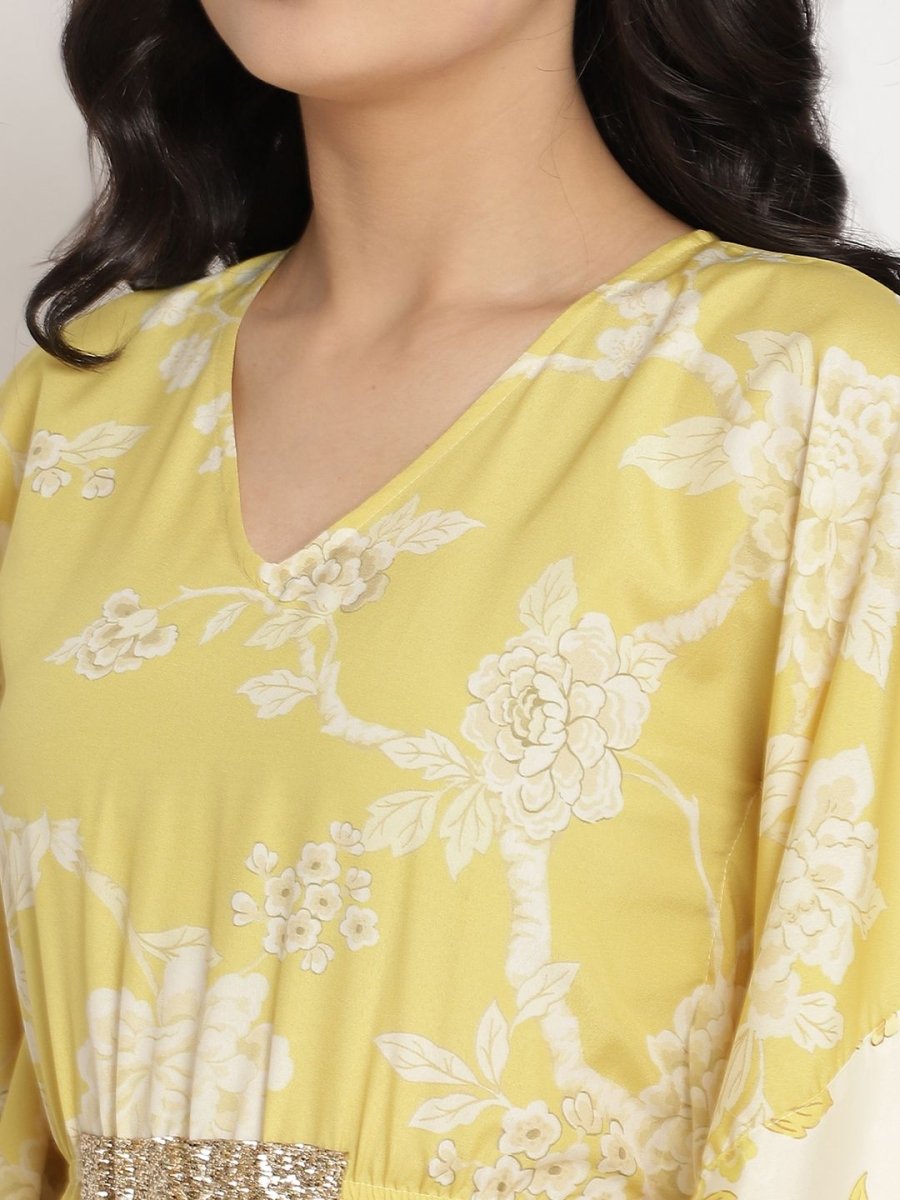 Ahalyaa Women Lime Green & Off White Floral Printed Flared Sleeves Floral Kaftan Kurta | Swadesiicart