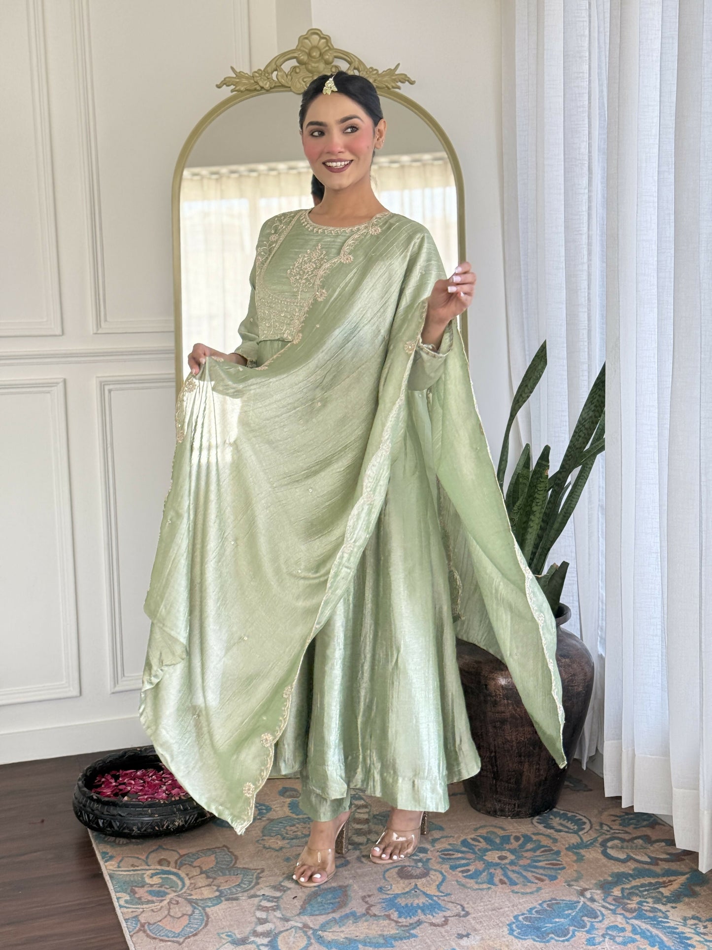 The52 Pista Women's Gorgeous Embroidered Vichitra Silk Fabric Flared Kurta Pant with Dupatta Set - Swadesiicart