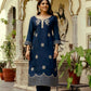 The52 Navy Blue Women's Beautiful Viscose Chanderi Fabric Thread Work Straight Kurta Pant and Dupatta Set - Swadesiicart