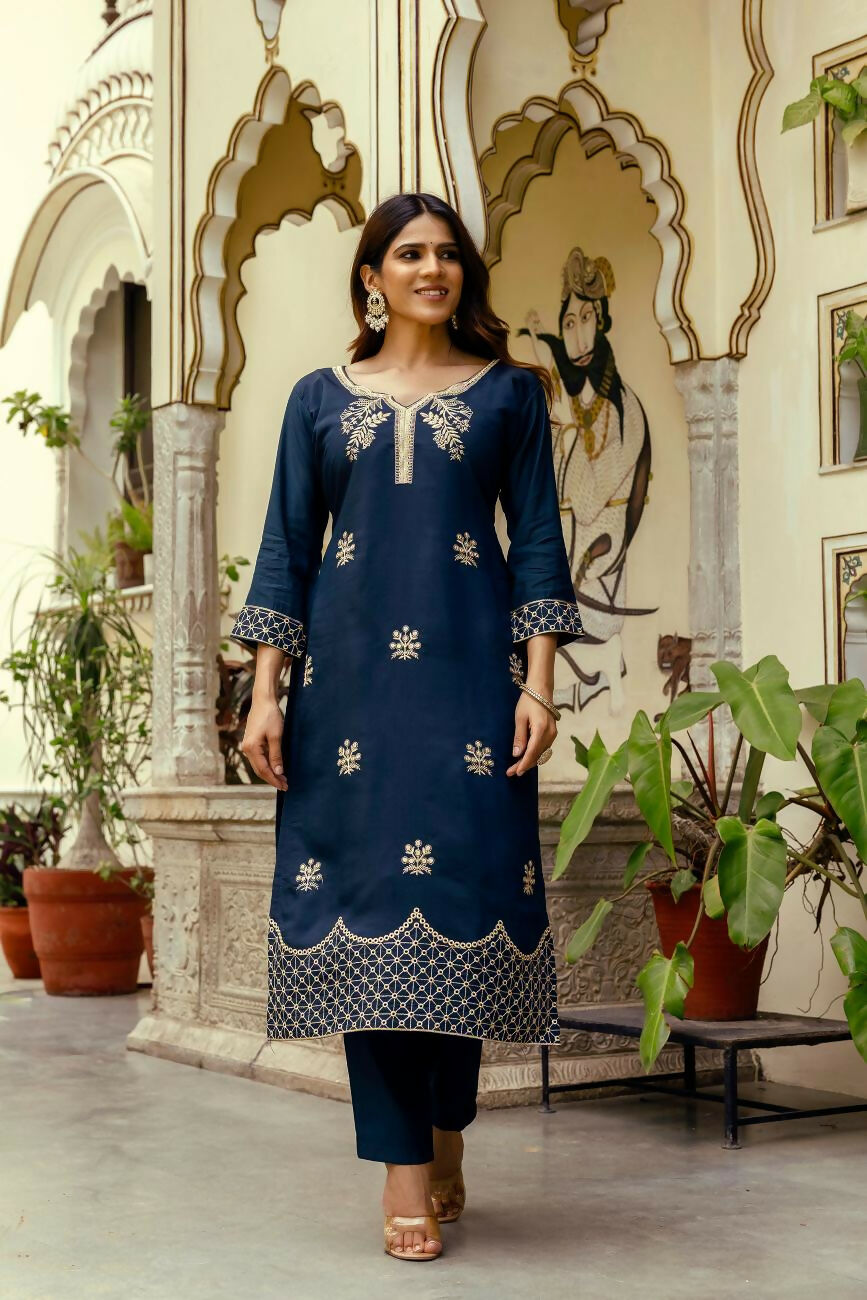 The52 Navy Blue Women's Beautiful Viscose Chanderi Fabric Thread Work Straight Kurta Pant and Dupatta Set - Swadesiicart