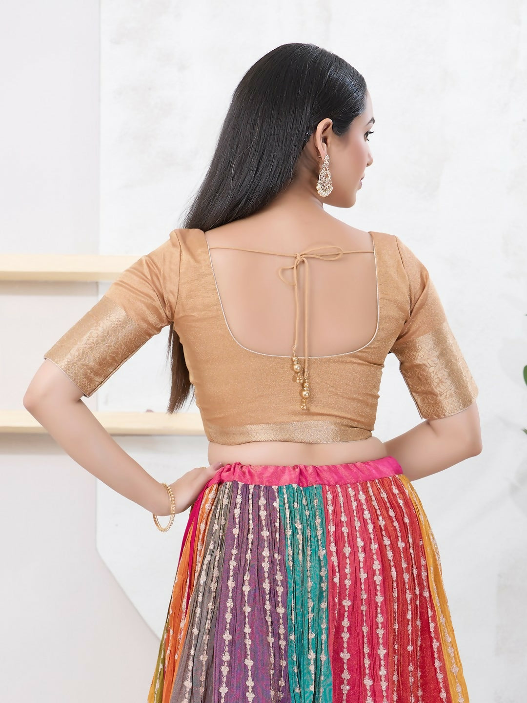 Joban Fashion Gold Brocade Elbow Sleeveless Front Open Blouse - Swadesiicart