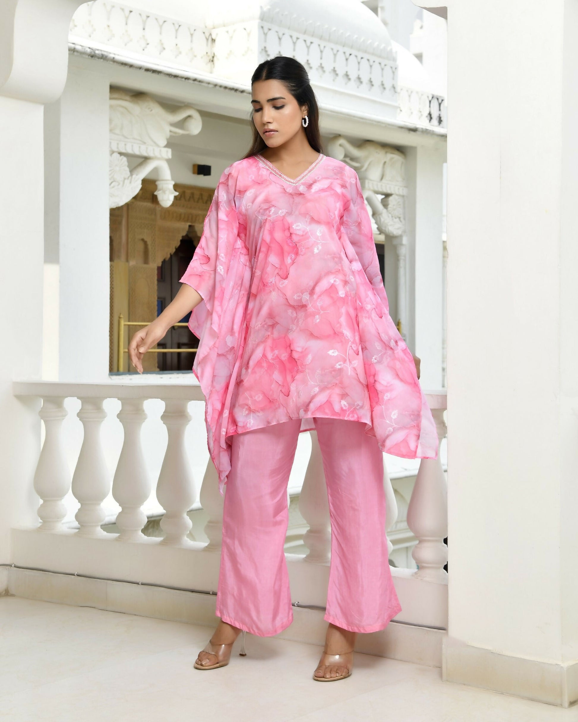Vaasva Women's Pink Georgette Marble Print Kaftan Pant Set | Swadesiicart