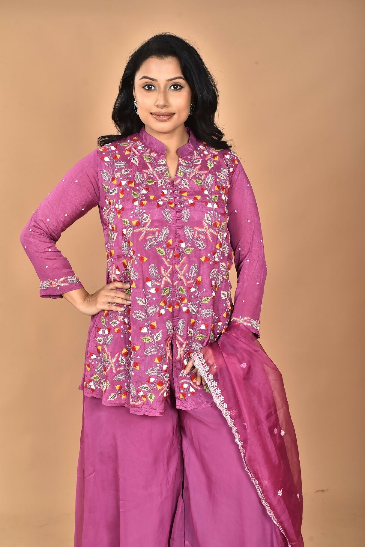 Morchari Women And Hand Embroidery Palazzo Set-Purple - Swadesiicart