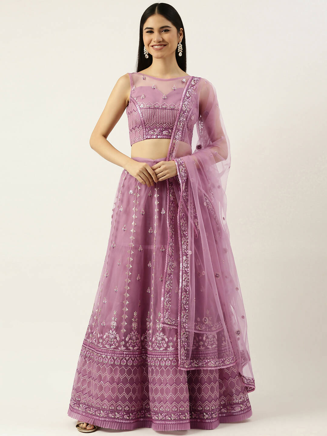House of Panchhi Rose Gold Net Sequinse Work Lehenga & Blouse, Dupatta | Swadesiicart