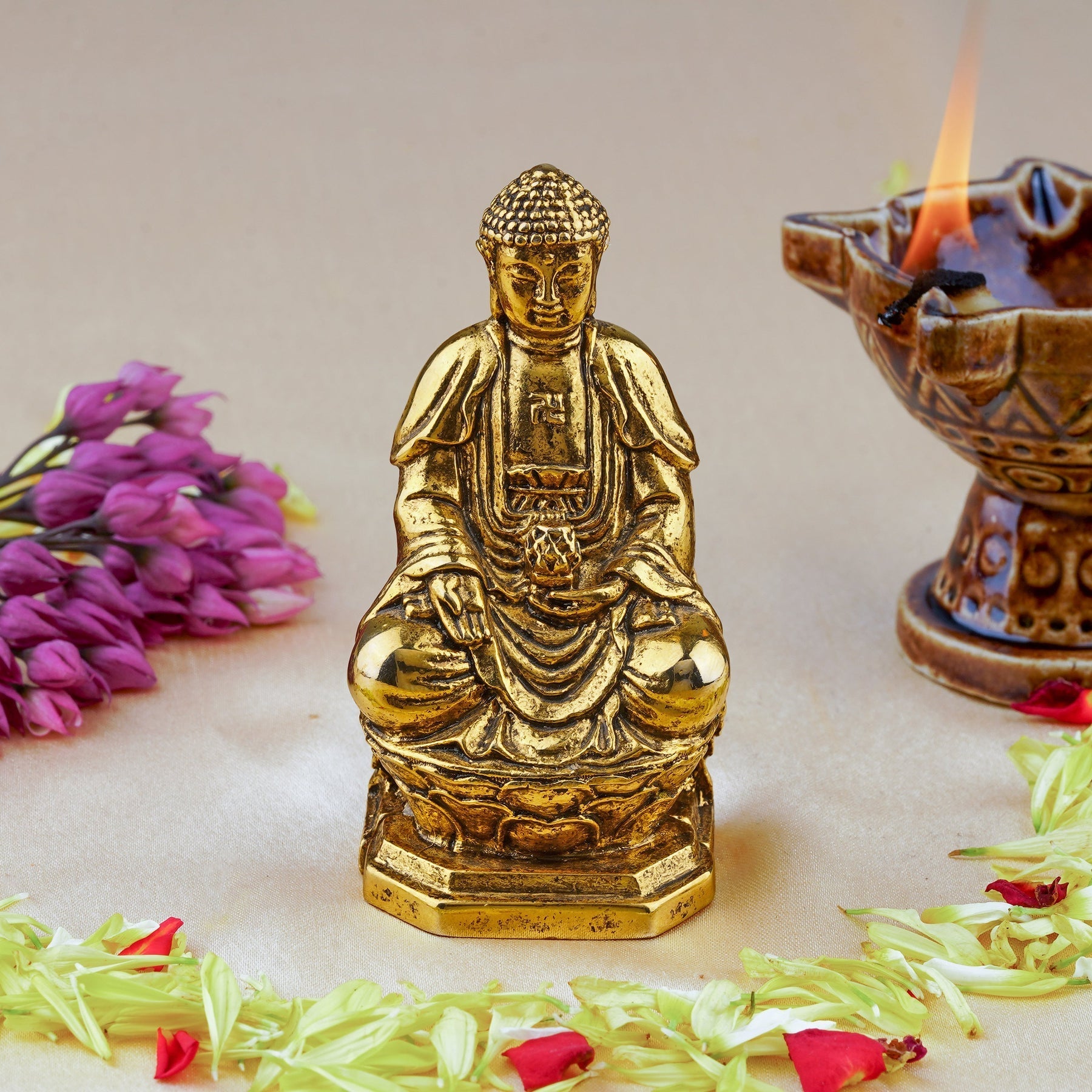 Estele Gold-Polished Antique Lord Gautam Buddha Meditating Idol statue for Home Decor/ work place - Swadesiicart
