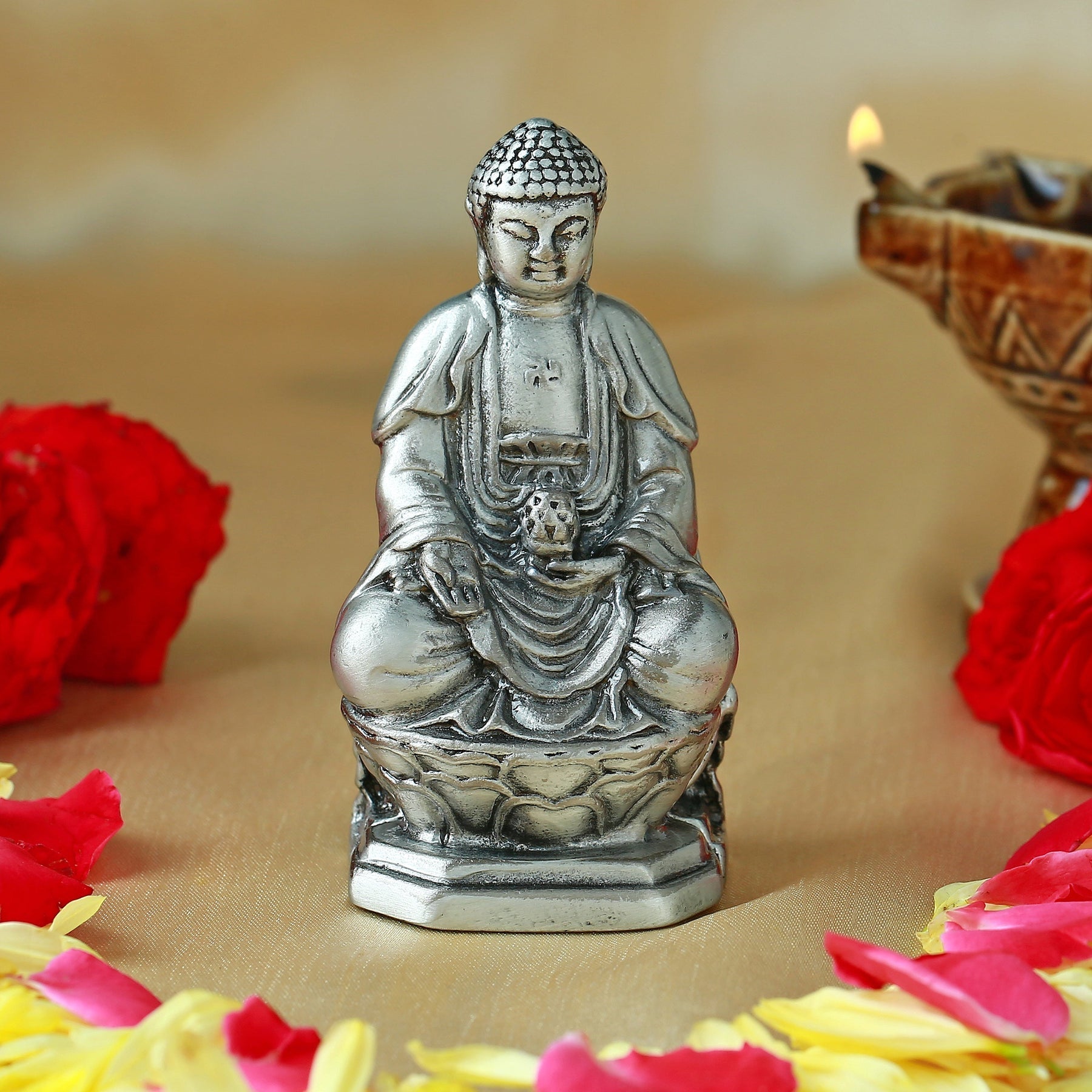 Estele Rhodium Plated Oxidized Lord Gautam Buddha Mediatating Idol statue for Home Décor/ working place - Swadesiicart