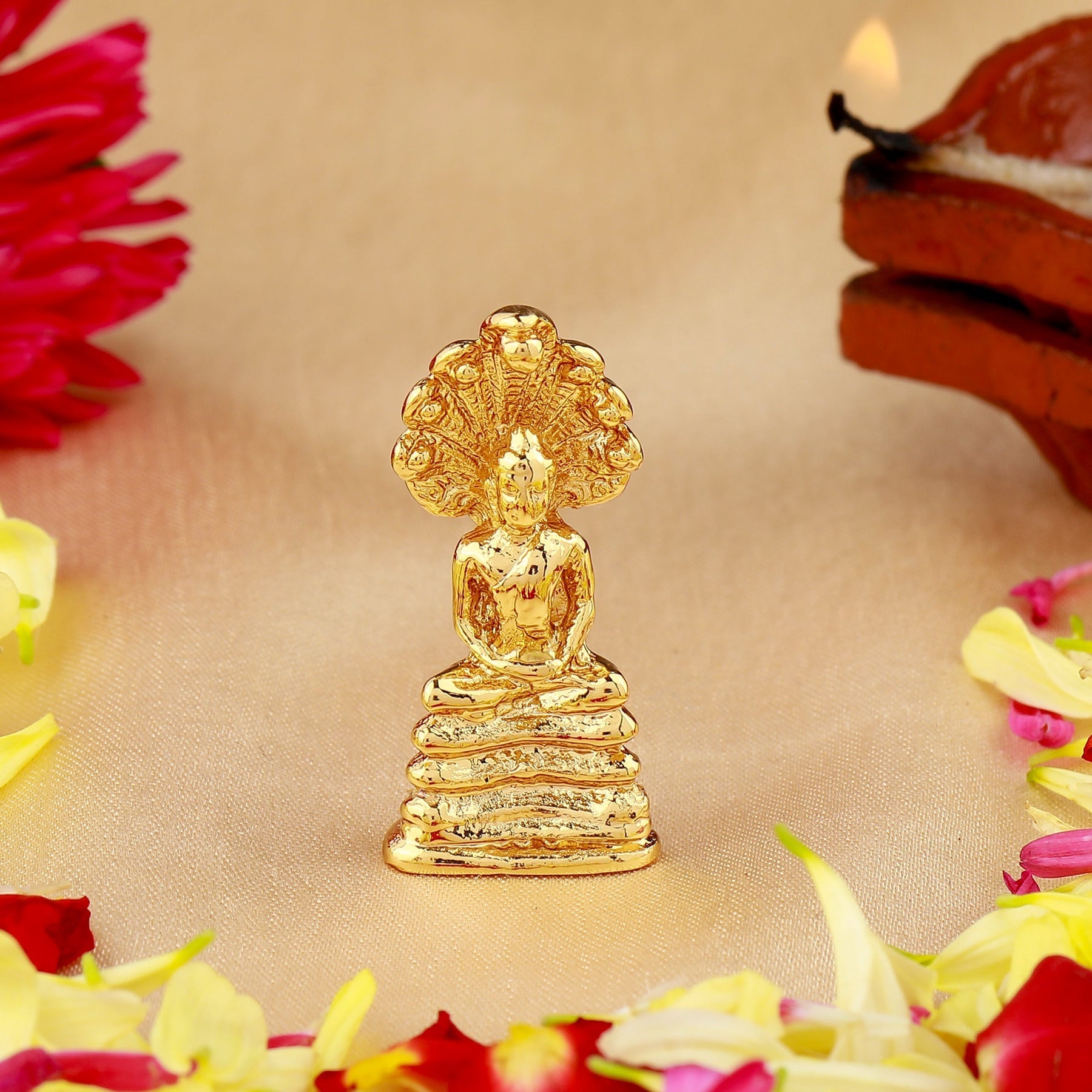 Estele Gold-Polished Medidative Lord Gautam Buddha Sitting under snake Hood Idol for Pooja/Car decor - Swadesiicart