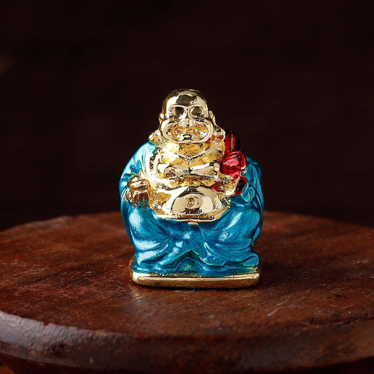 Estele Gold-Polished Laughing Buddha with Aqua Stone Type:Enamel Idol for Perfect Home and Office/Car Decors - Swadesiicart