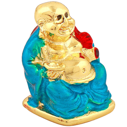Estele Gold-Polished Laughing Buddha with Aqua Stone Type:Enamel Idol for Perfect Home and Office/Car Decors - Swadesiicart