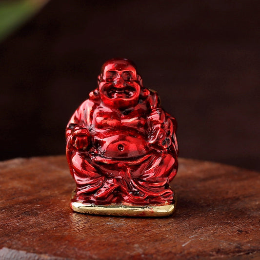 Estele Gold-Polished Laughing Buddha with Maroon Stone Type:Enamel Idol for Perfect Home and Office/Car Decors - Swadesiicart