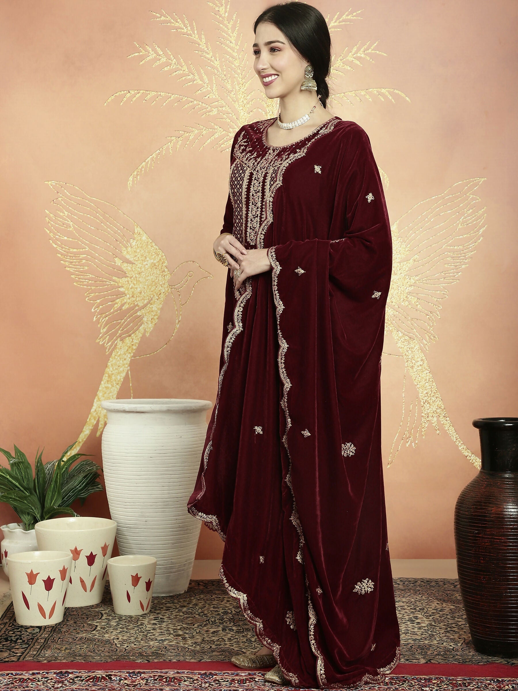 Jyoti Fashion Women's Maroon Velvet Cording with Resham Thread & Sequin Kurta with Trouser & Dupatta | Swadesiicart