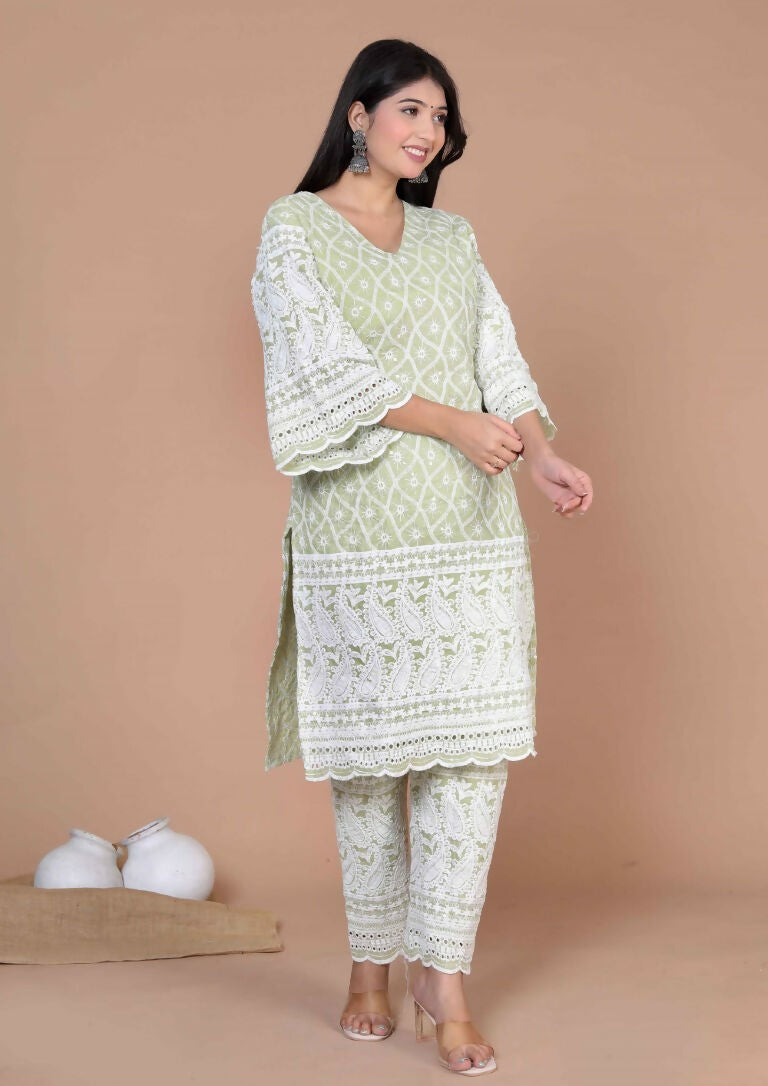 Miravan Women's Green Embroidery Chikankari Kurta And Palazzo | Swadesiicart