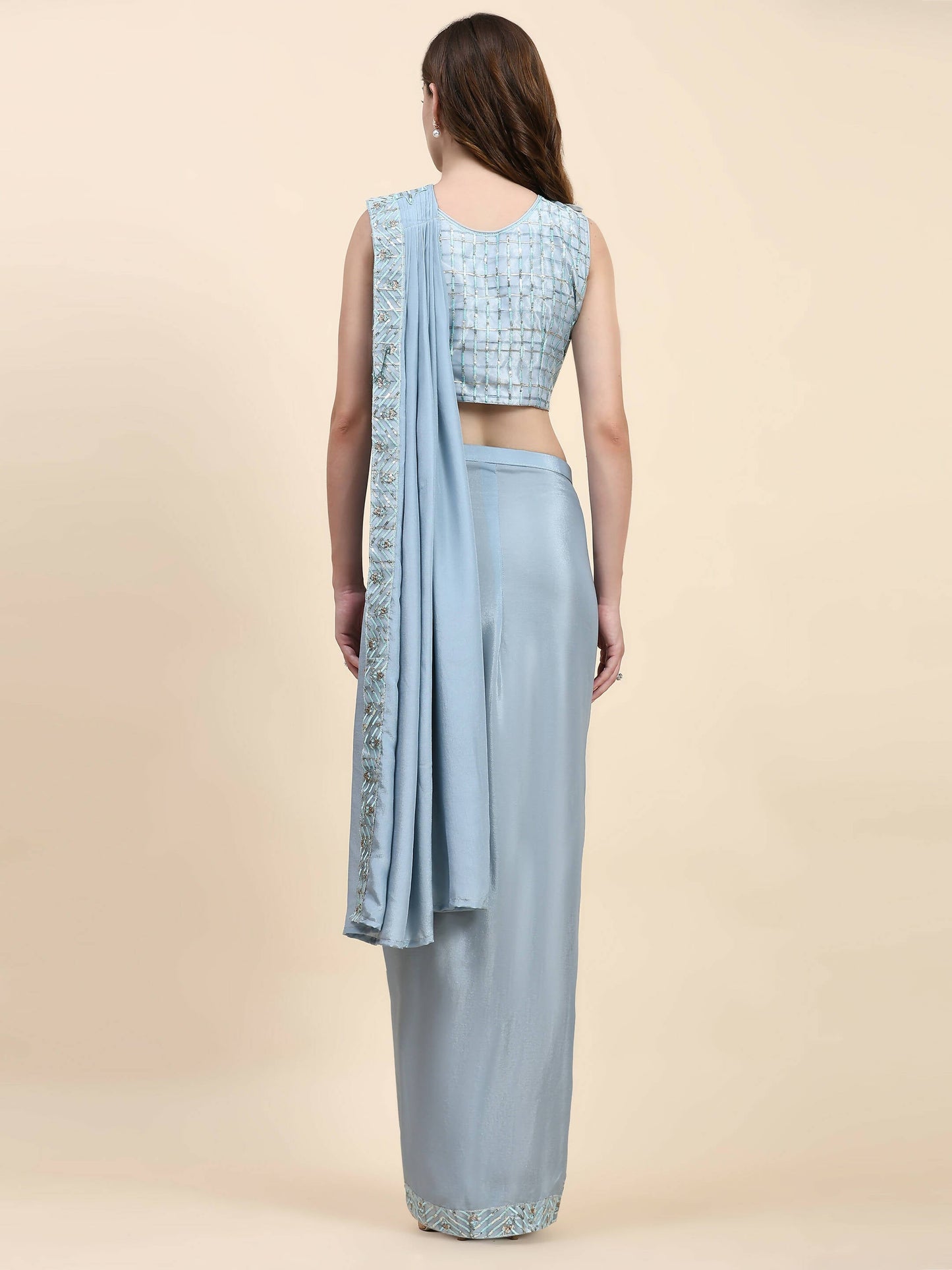 Blue Silk Satin Solid Ready to wear Saree with stitched Blouse - Satiksha | Swadesiicart