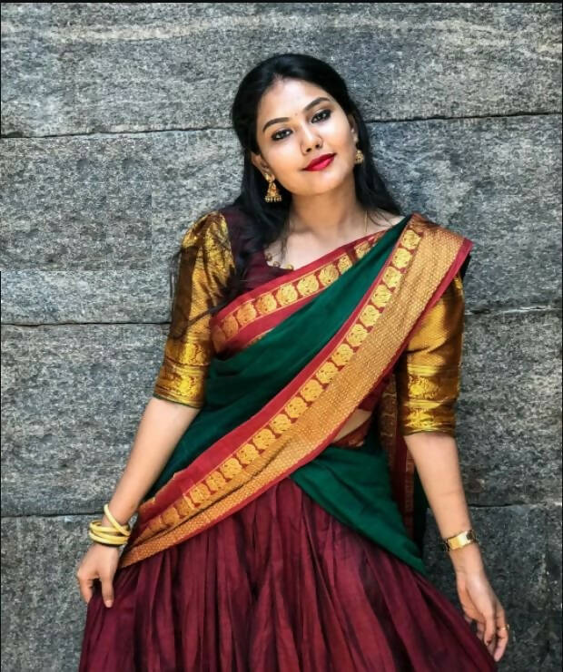 DEIANA'S Beautiful KanJivaram Silk Jari Lahengha Choli - Wine | Swadesiicart