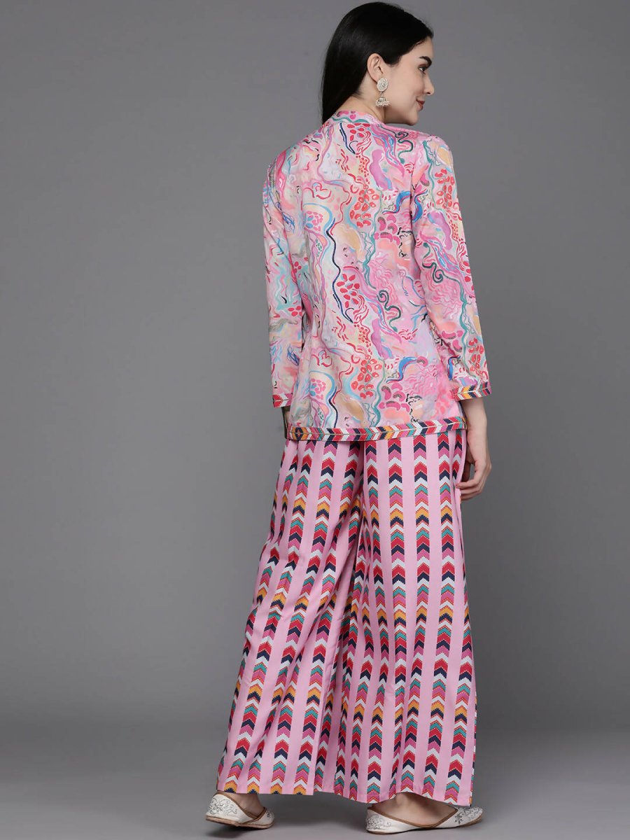 Ahalyaa Women Printed Crop Top with Palazzos & Jacket - Multi Color - Swadesiicart