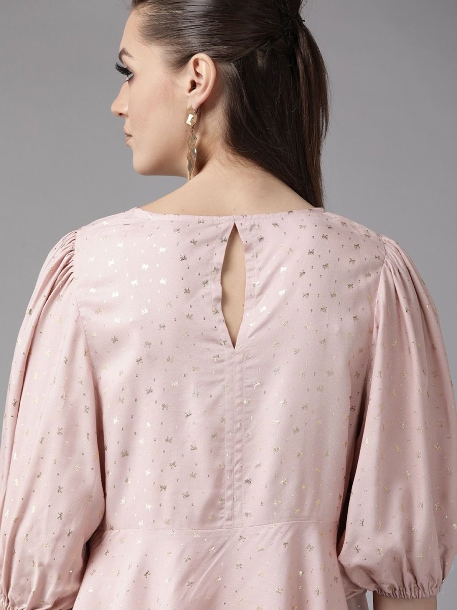 Ahalyaa Women Pink Rayon Gold Foil Print Tunic | Swadesiicart