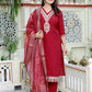 Miravan Women's Embroidered Pure Silk Red Kurta with Palazzo and Dupatta - Swadesiicart