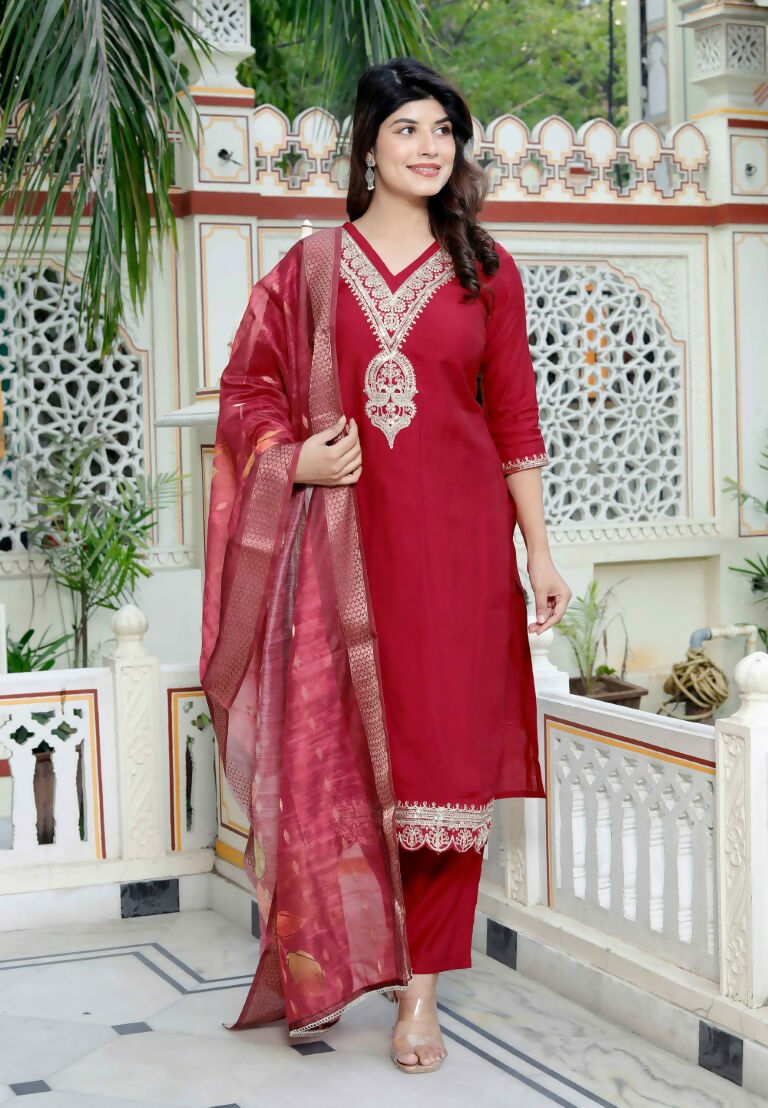 Miravan Women's Embroidered Pure Silk Red Kurta with Palazzo and Dupatta - Swadesiicart