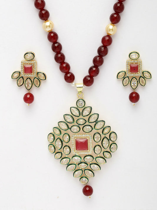 NVR Women's Red Kundan-Studded & Beaded Handcrafted Jewellery Set - Swadesiicart