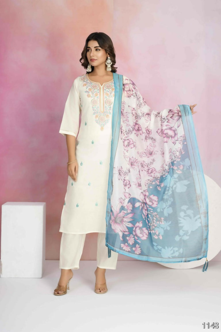 Ethnic Festive Wear Viscose Chanderi Off White Stitched Suit With Dupatta - Tanisha | Swadesiicart