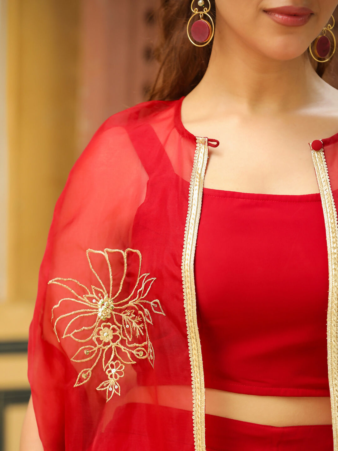 Janasya Maroon Georgette Solid Top Bottom Cape | Swadesiicart