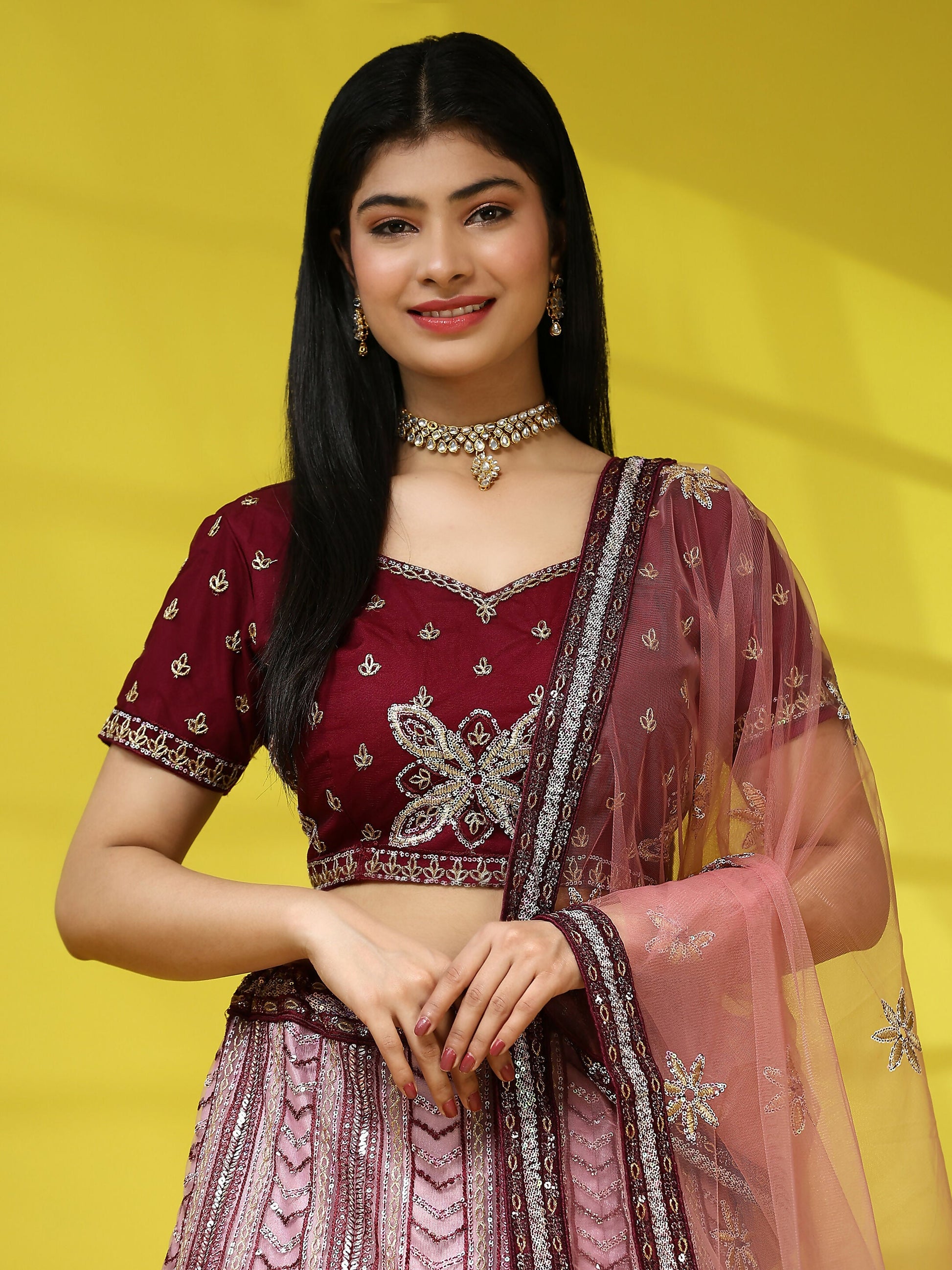 Maroon Fancy Net Sequence Embroidered Lehenga Choli with Dupatta - Dhara | Swadesiicart