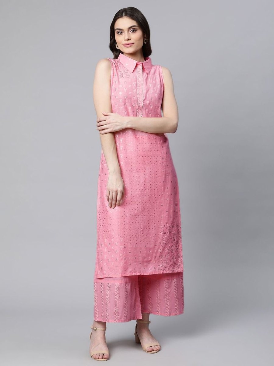 Ahalyaa Women Light Pink Colour Pure Cotton Printed Kurta Palazzo Set | Swadesiicart