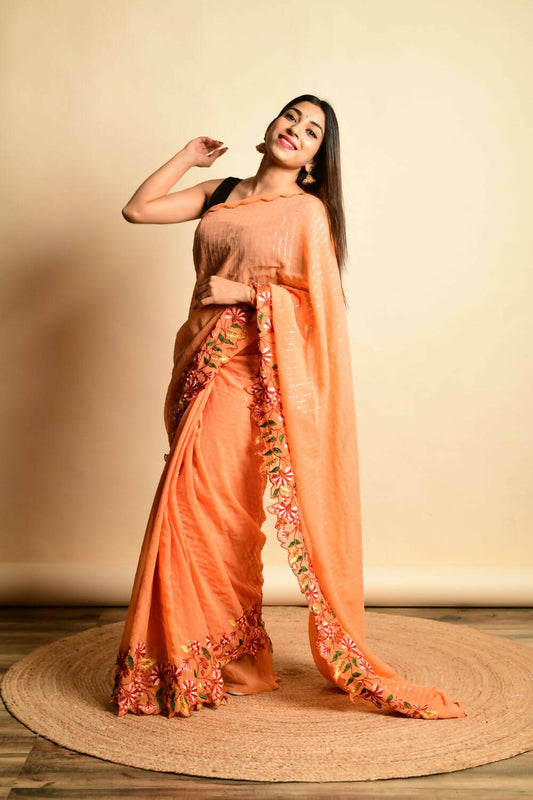 Vamsee Orange Georgette Designer Saree - Swadesiicart