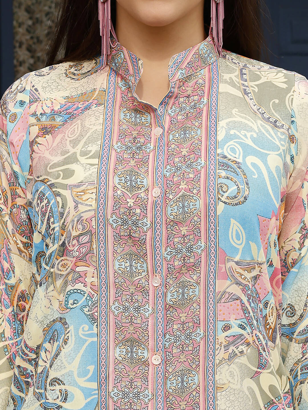 Beige & Pink Rayon Paisley Printed Top with Matching Bottom - Eesha - Swadesiicart