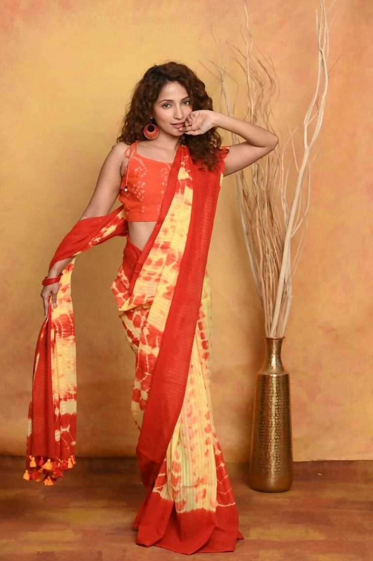 Very Much Indian Tie & Dye Handloom Mul Cotton Saree - Yellow Red | Swadesiicart