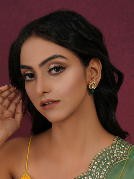 Emerald Stone Kundan Studs (Gold) - Ruby Raang - Ruby Raang Studio