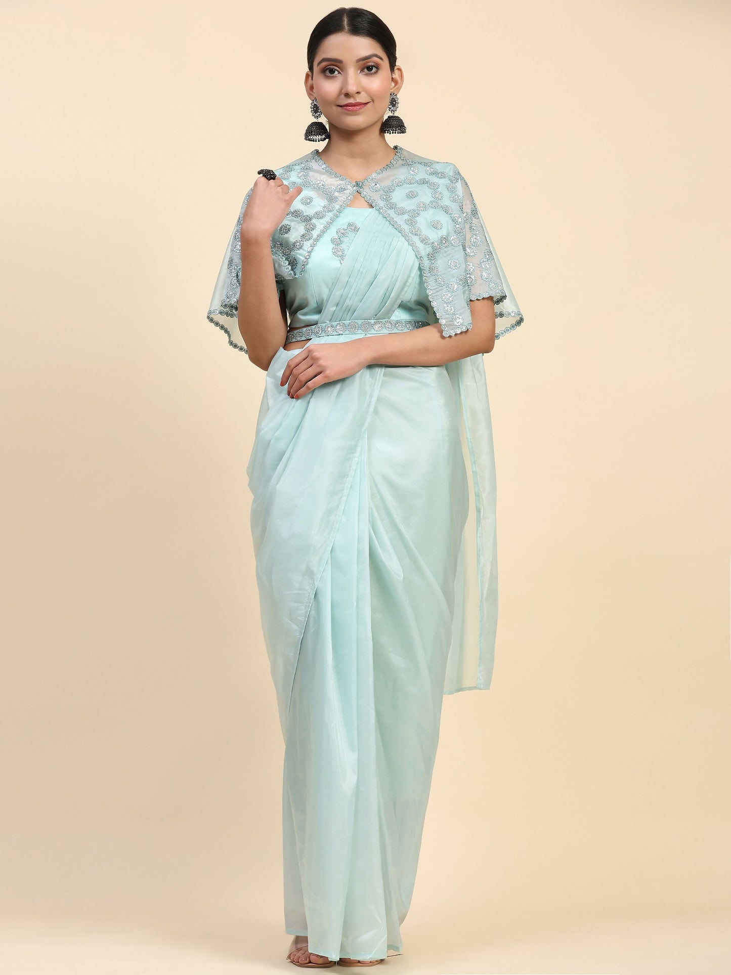 Blue Satin Solid Ready to wear Saree with stitched Blouse - Vanita | Swadesiicart