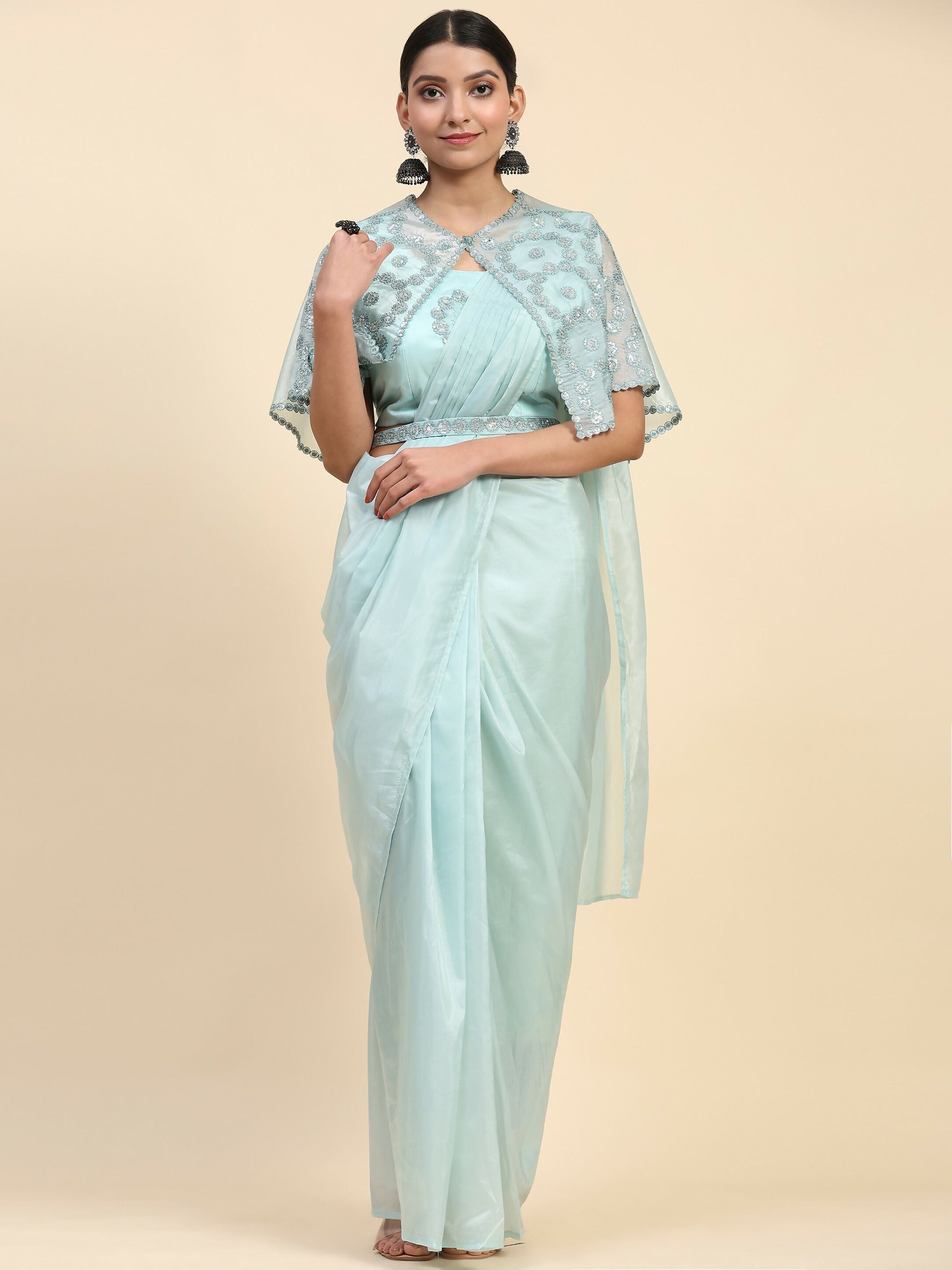Blue Satin Solid Ready to wear Saree with stitched Blouse - Vanita | Swadesiicart