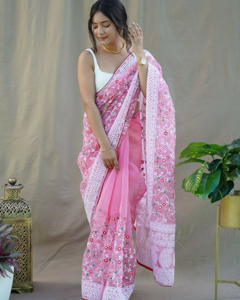 Vamsee Sombi Box Pink Organza Saree - Swadesiicart