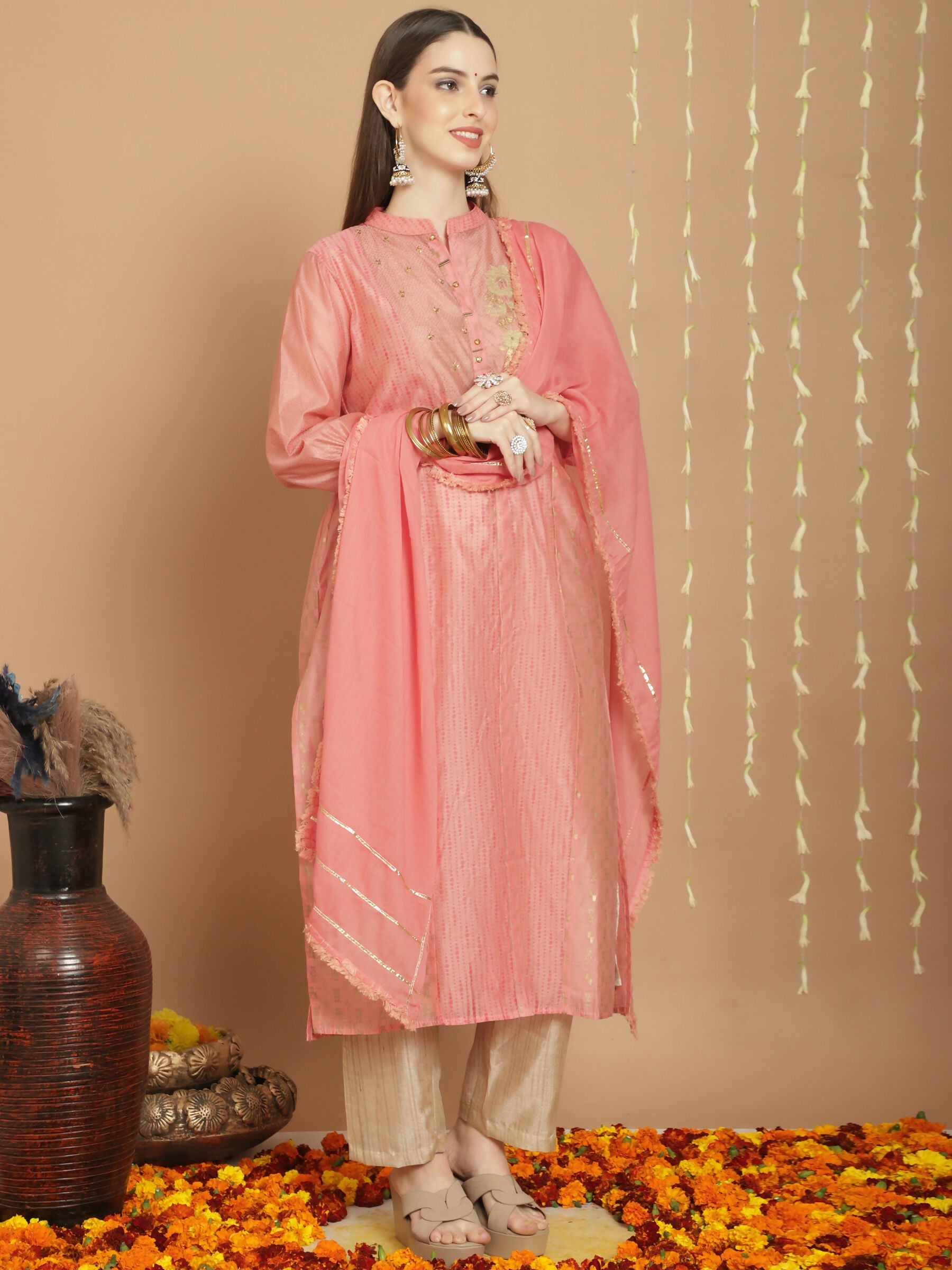 Jyoti Fashion Women's Peach Chanderi Silk Elegant Jardoshi Semi Kurta with Trouser & Dupatta | Swadesiicart