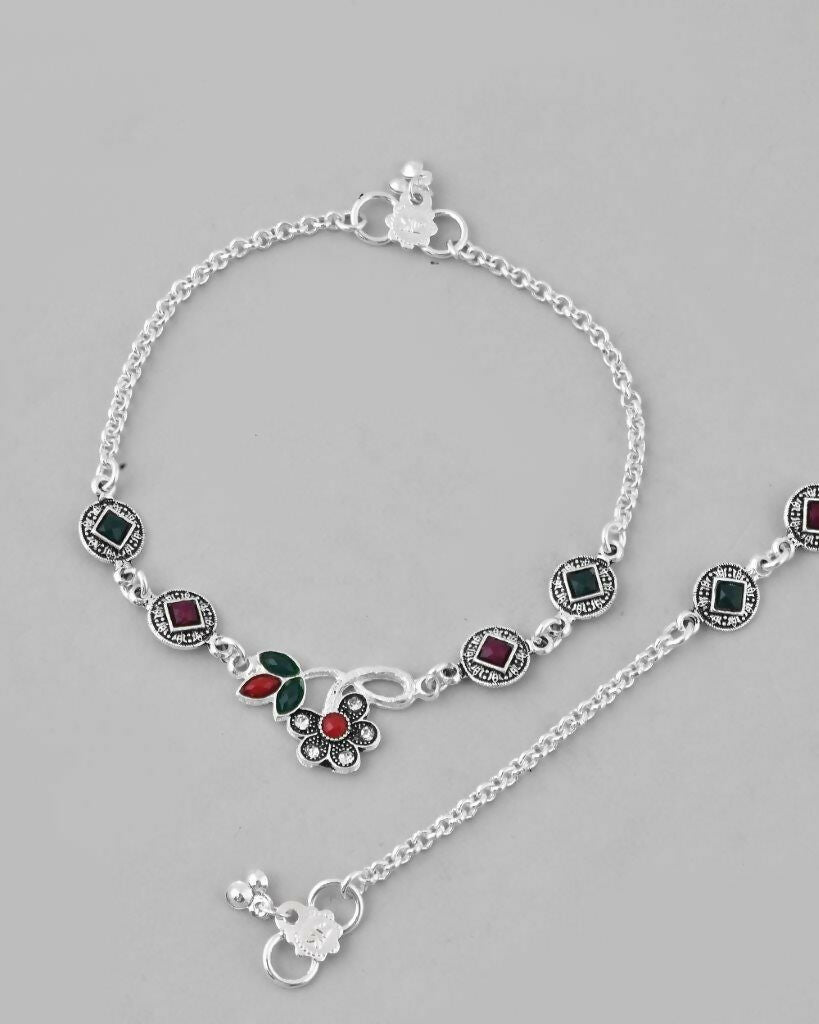 VOJ Set of 2 Traditional Multi Color Stone Studded Designer Anklet - Swadesiicart