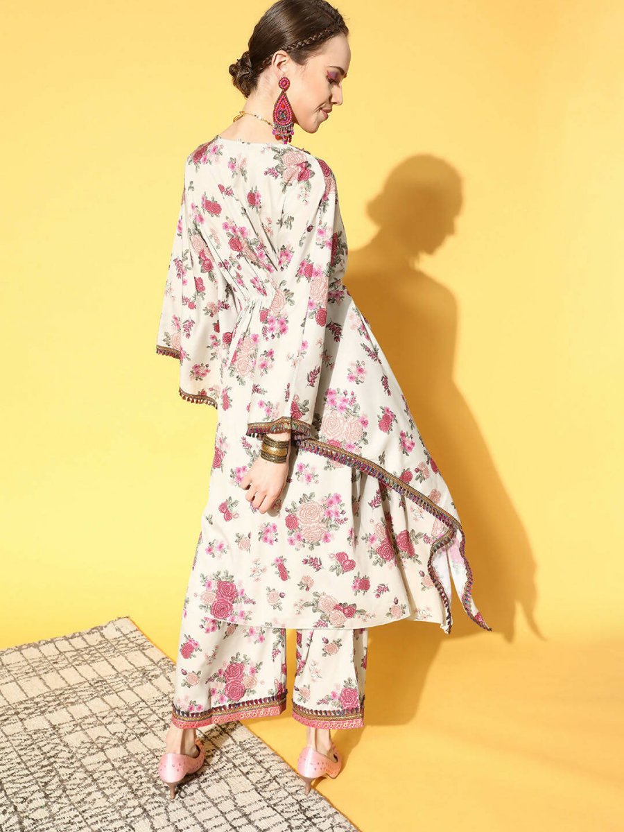 Ahalyaa Women Beige Colour Crepe Digital Printed Kurta Palazzo Set | Swadesiicart