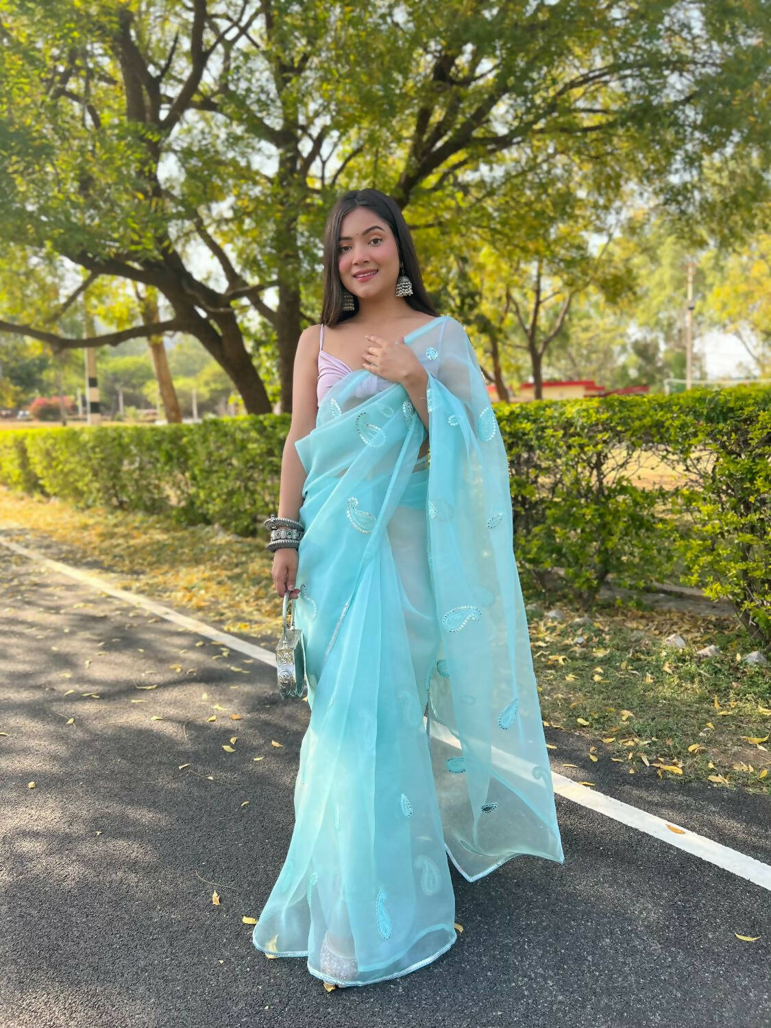 Vamsee Sky Blue Organza Saree - Swadesiicart