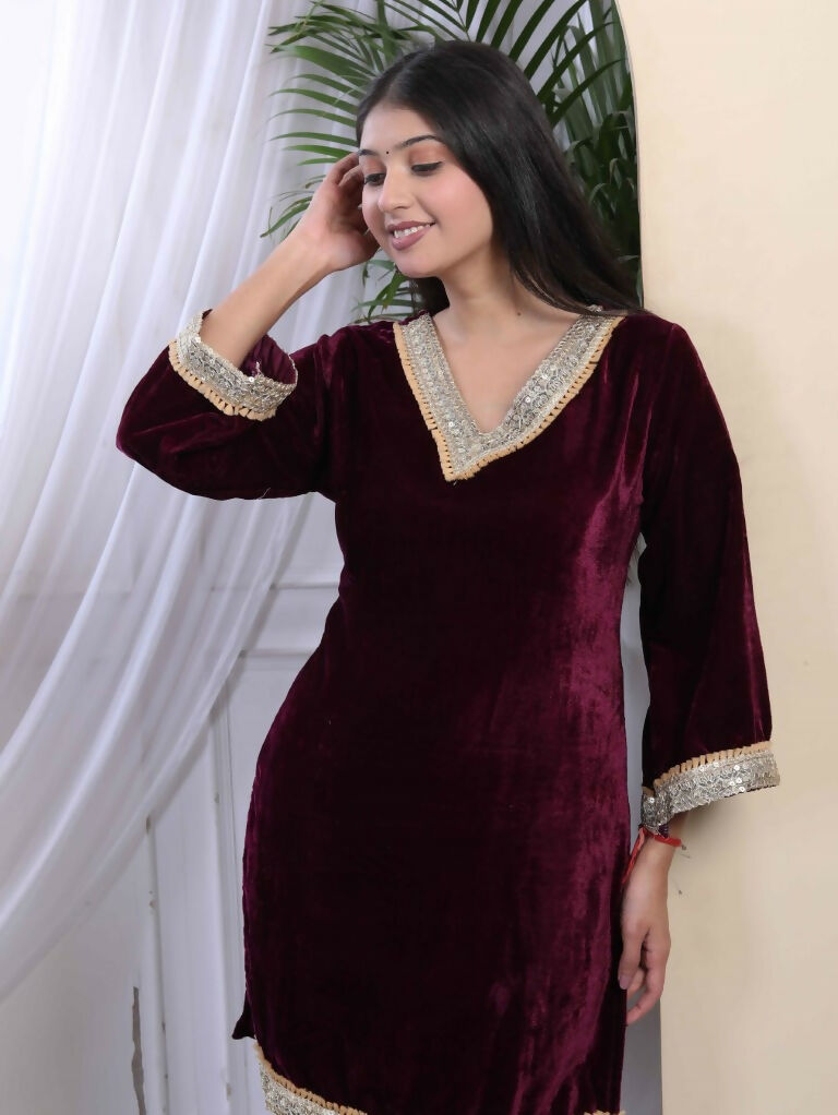 Miravan Women's Wine Embroidered Velvet Co-ord Set - Swadesiicart