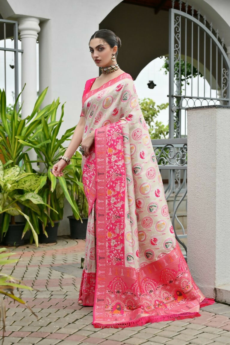 Vishnu Weaves Women's Pink Banarasi Silk Patola Zari Woven Saree with Blouse - Swadesiicart