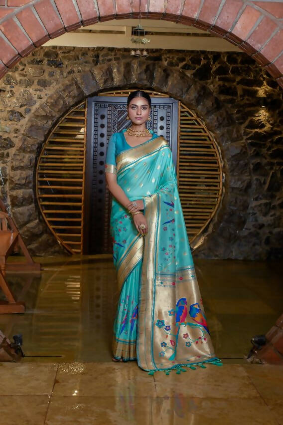 Vishnu Weaves Women's Sea Green Paithani Silk Zari Woven Saree with Unstitched Blouse - Swadesiicart