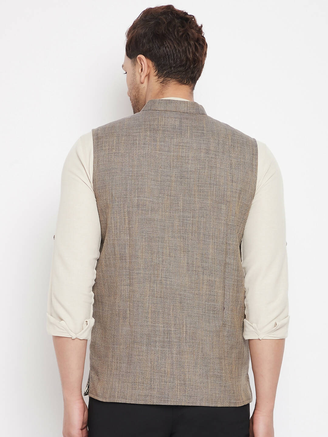 Even Apparels Brown Linen Men Woven Nehru Jacket | Swadesiicart