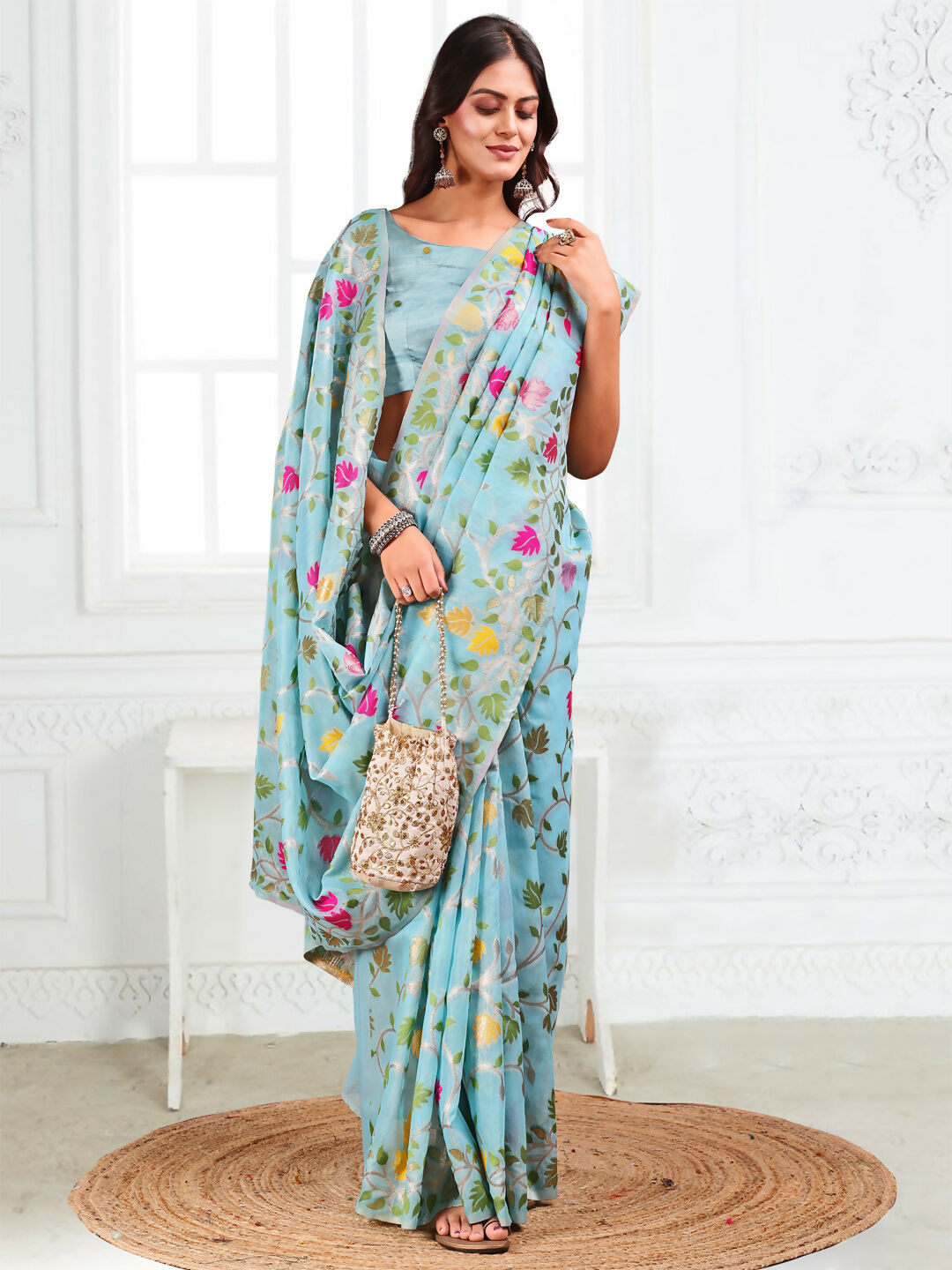 Shree Shyam Fashion Linen Cotton Sky Blue Saree