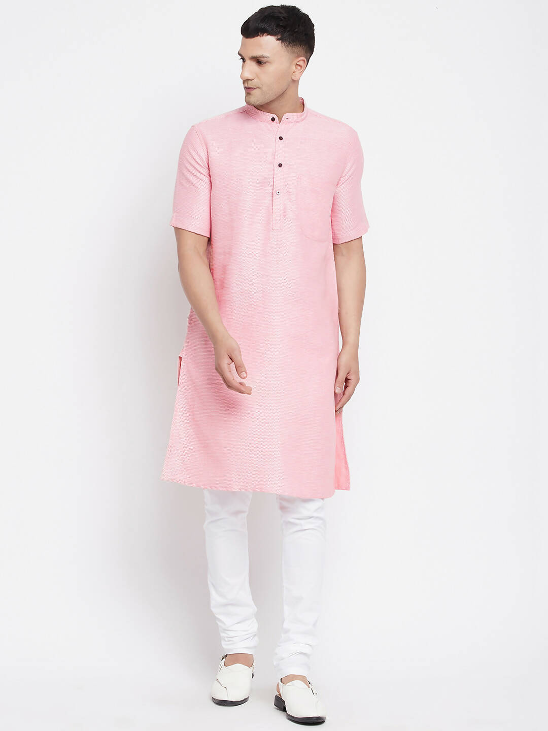 Even Apparels Pink Pure Cotton Men's H/S Kurta With Band Collar | Swadesiicart