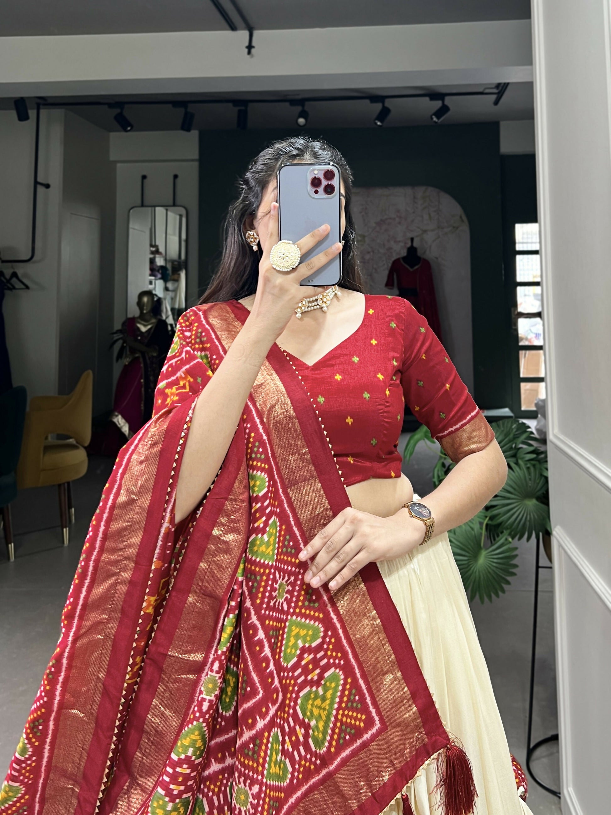 Lorenvalley Offwhite and Red Tussar Silk Patola Print Lehenga Choli | Swadesiicart