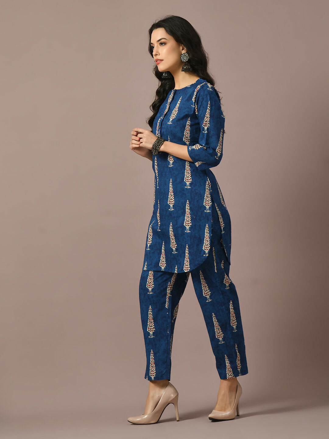 Myshka Women's Blue Printed Cotton Round Neck Party Tunic With Trousers Co-ord set - Swadesiicart