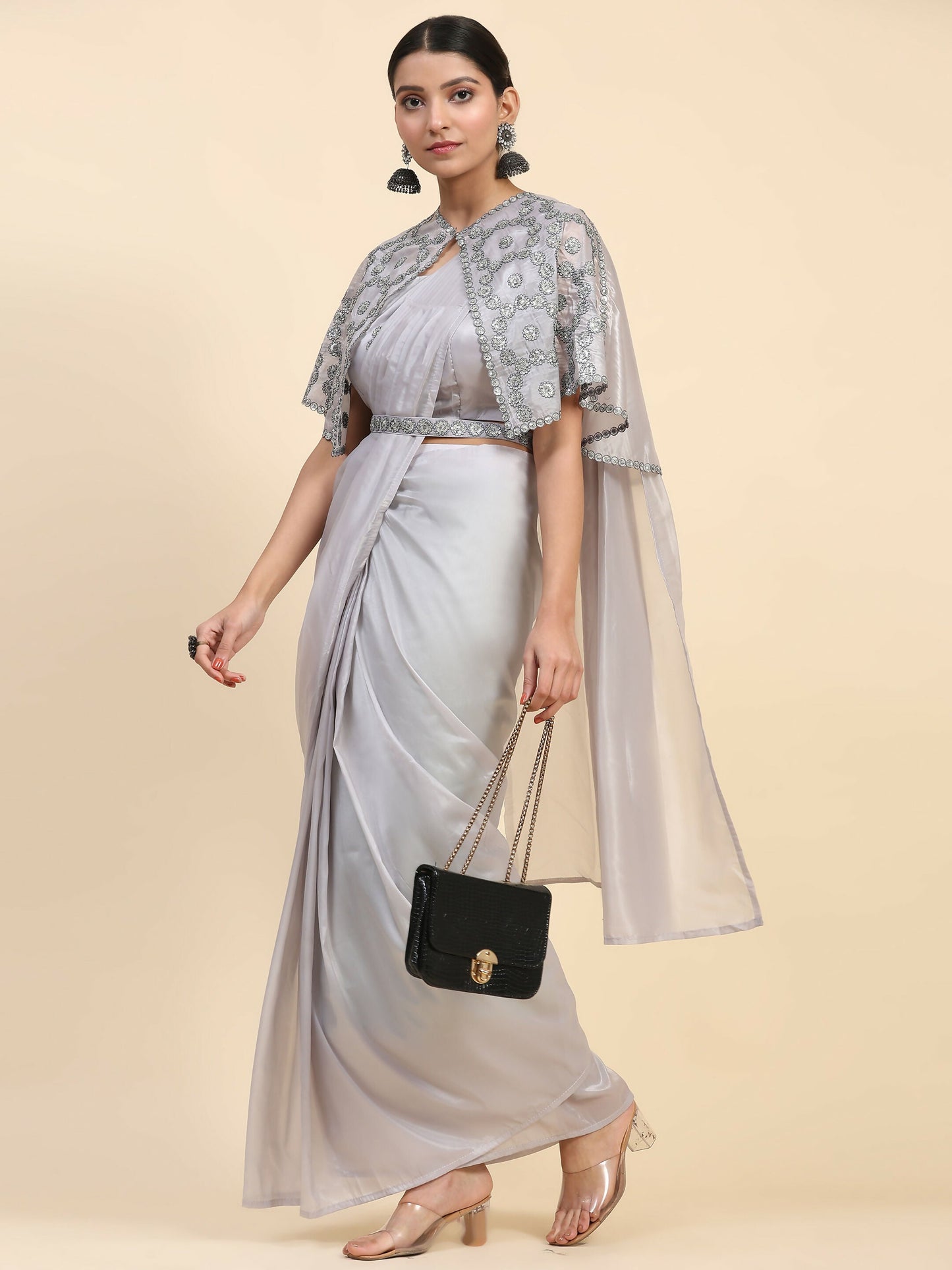 Grey Satin Solid Ready to wear Saree with stitched Blouse - Vanita | Swadesiicart