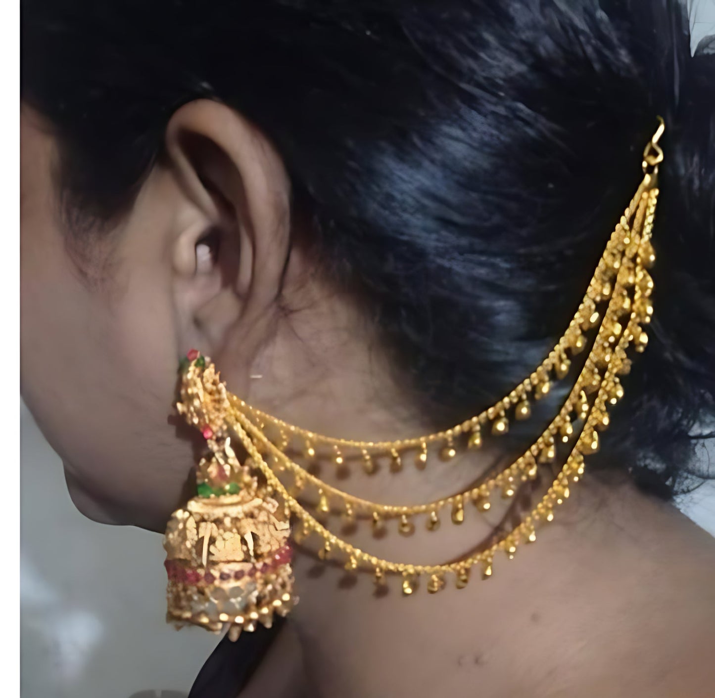 Jewel City Antique Gold Temple Jhumka Earrings - Traditional South Indian Wedding Jewelry Set with Ear Chain | Swadesiicart
